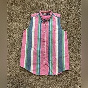 Vintage 80s 90s Bold Striped Sleeveless Shirt Womens Size M Button Up Krazy Kat